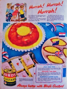 Bird's Custard recipe advertorial, Illustrated, June 1953. Recipe suggestions are: Jolly Jelly Ring; Custard Slices and Chocolate Flagship Celebrations. From my own magazine collection.
